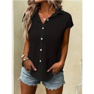 Sleeve Button Shirts Top Blouses with Turn- Collar